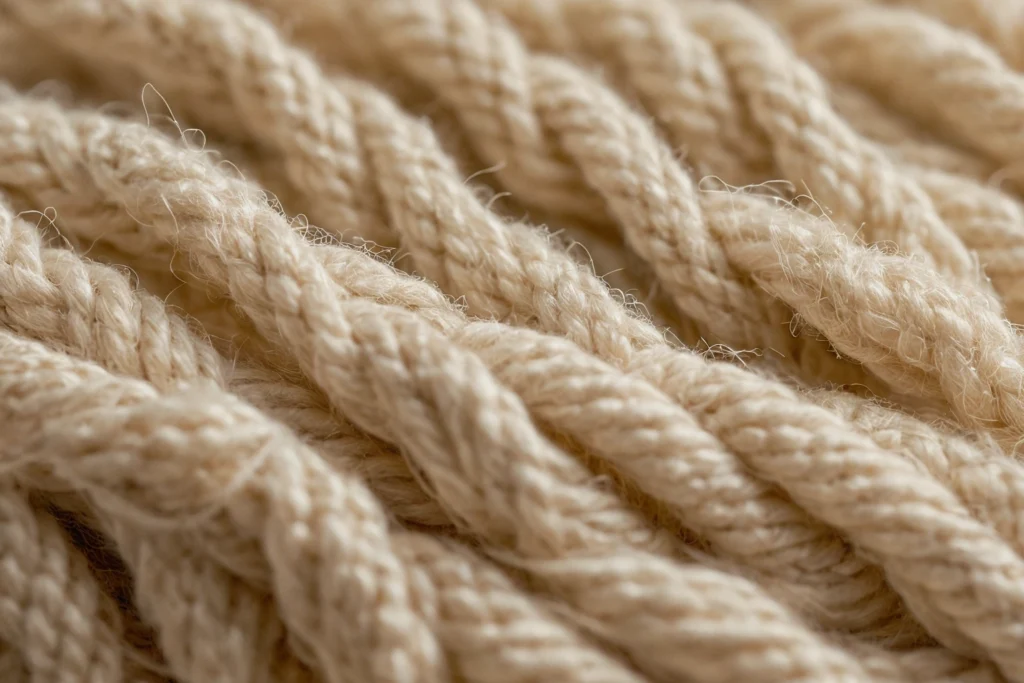 Extreme macro photograph of cream bouclé fabric showing dense looped yarn texture