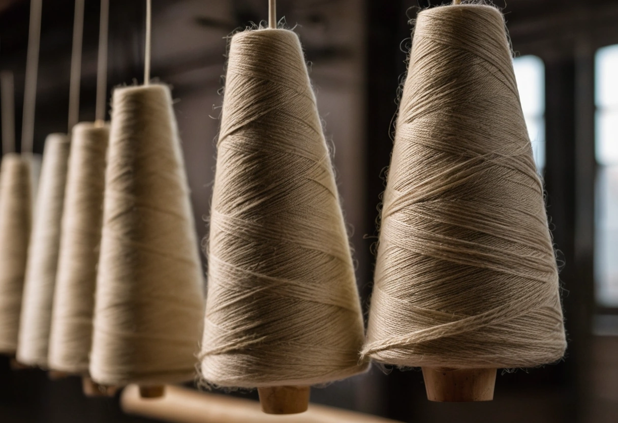 Macro photograph of boucl&eacute; yarn wound on cones, showing the looped and curled structure of the yarn itself